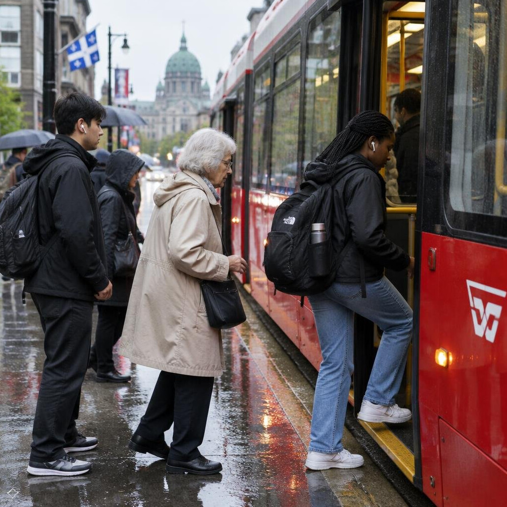 Passengers boarding a red streetcar in Montreal on a rainy day