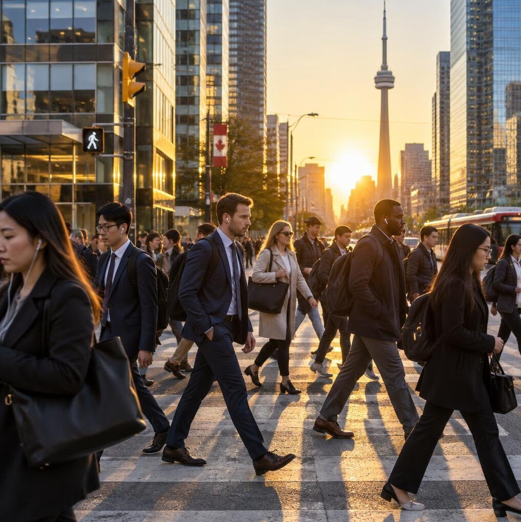Crowded pedestrian crossing in downtown Toronto at golden hour