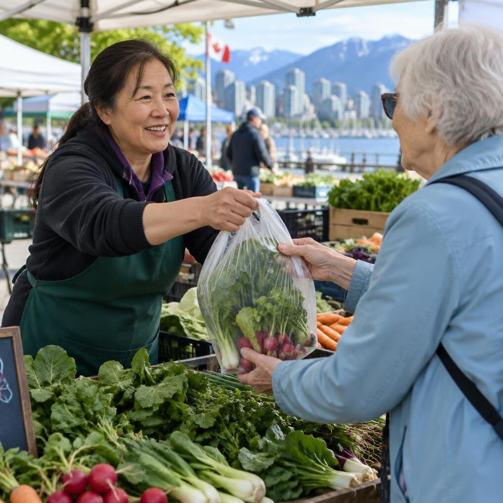 Vendor handing fresh vegetables to a customer at a Vancouver farmers market