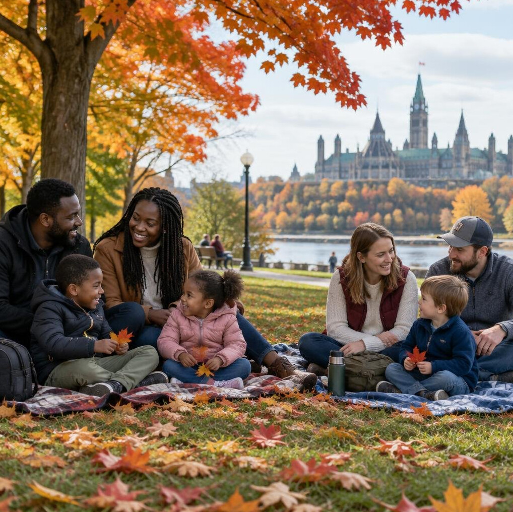 Families relaxing under maple trees in a Canadian park in autumn
