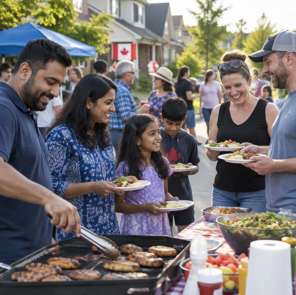 Neighbors sharing a barbecue at a community block party